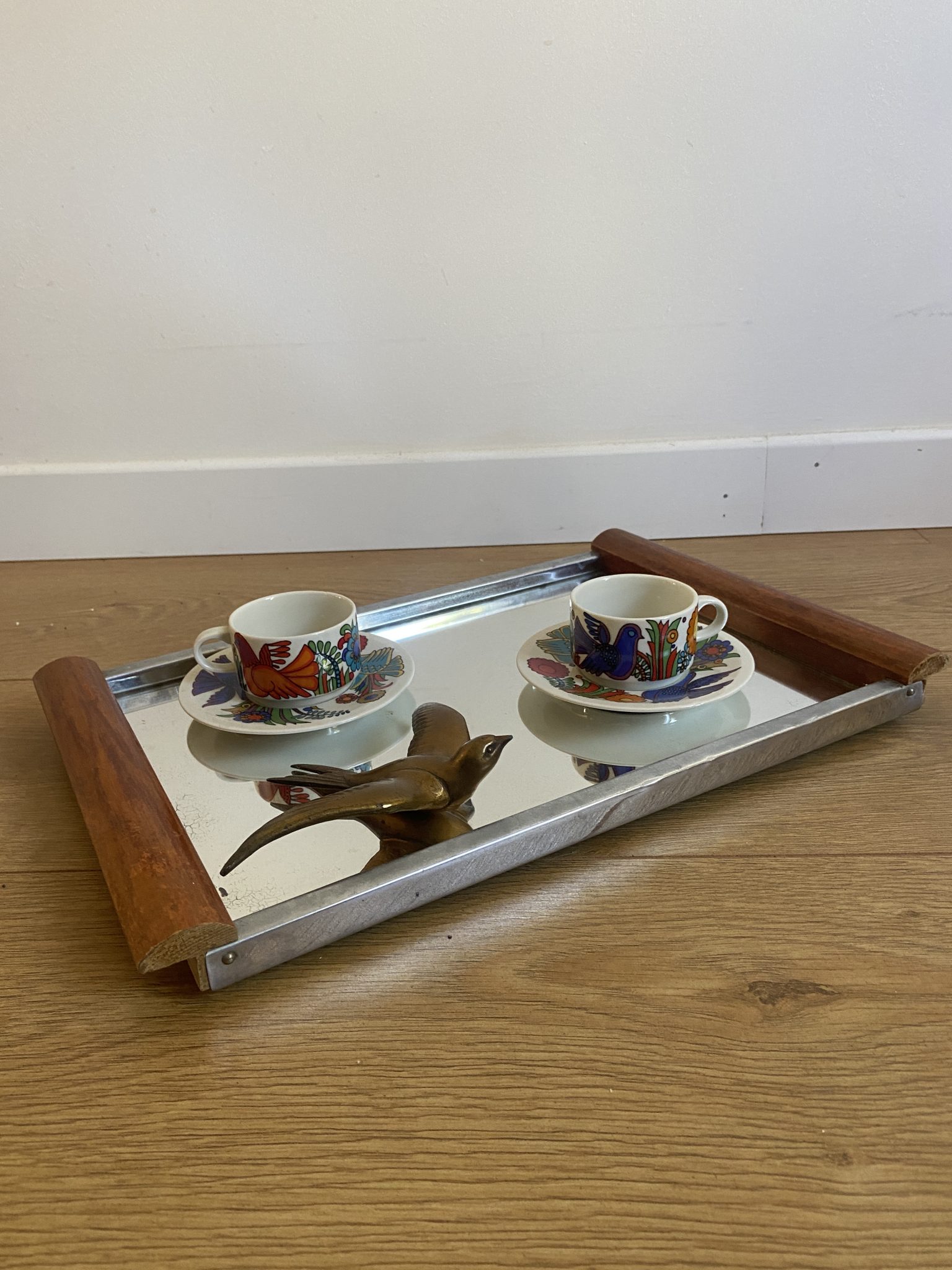 Plateau miroir art déco, anses bois et métal