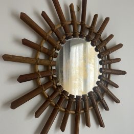 MIROIR SOLEIL EN bois et ROTIN VINTAGE