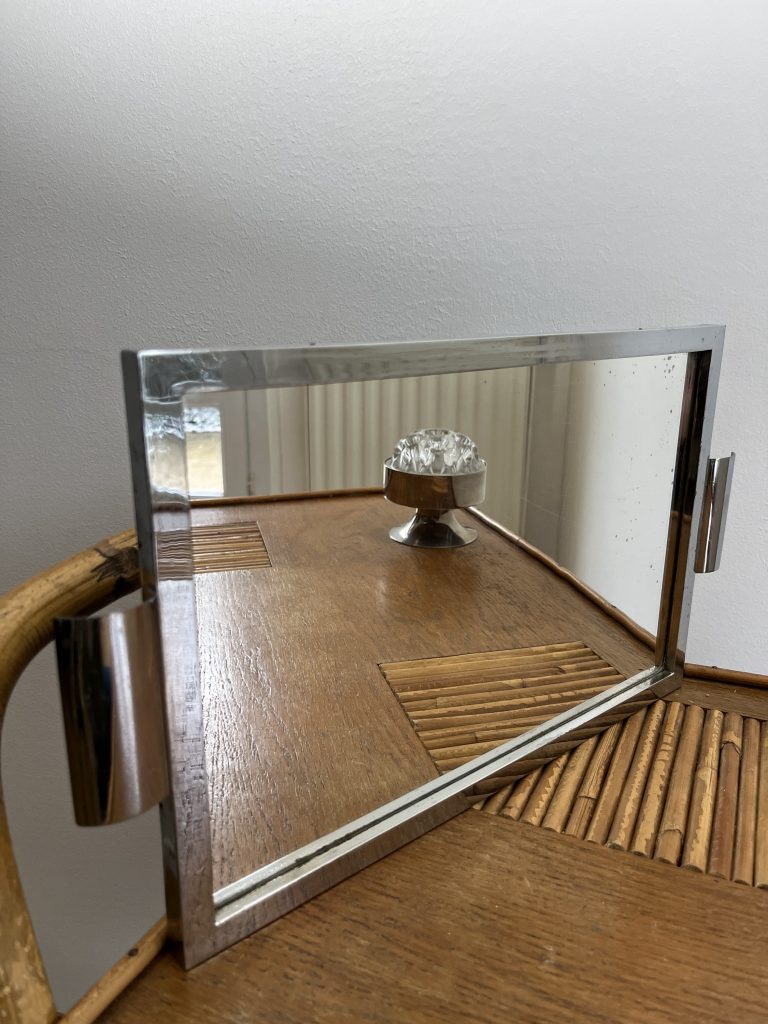 Ancien Plateau Miroir Avec Poignée En Bois – Vintage Déco Collection