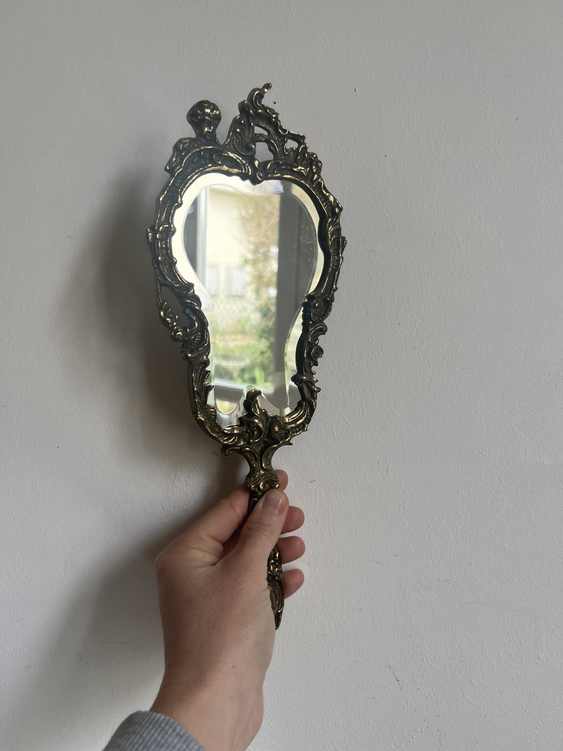 Ancien Miroir Miniature De Poupée En Laiton Et Glace Biseautée