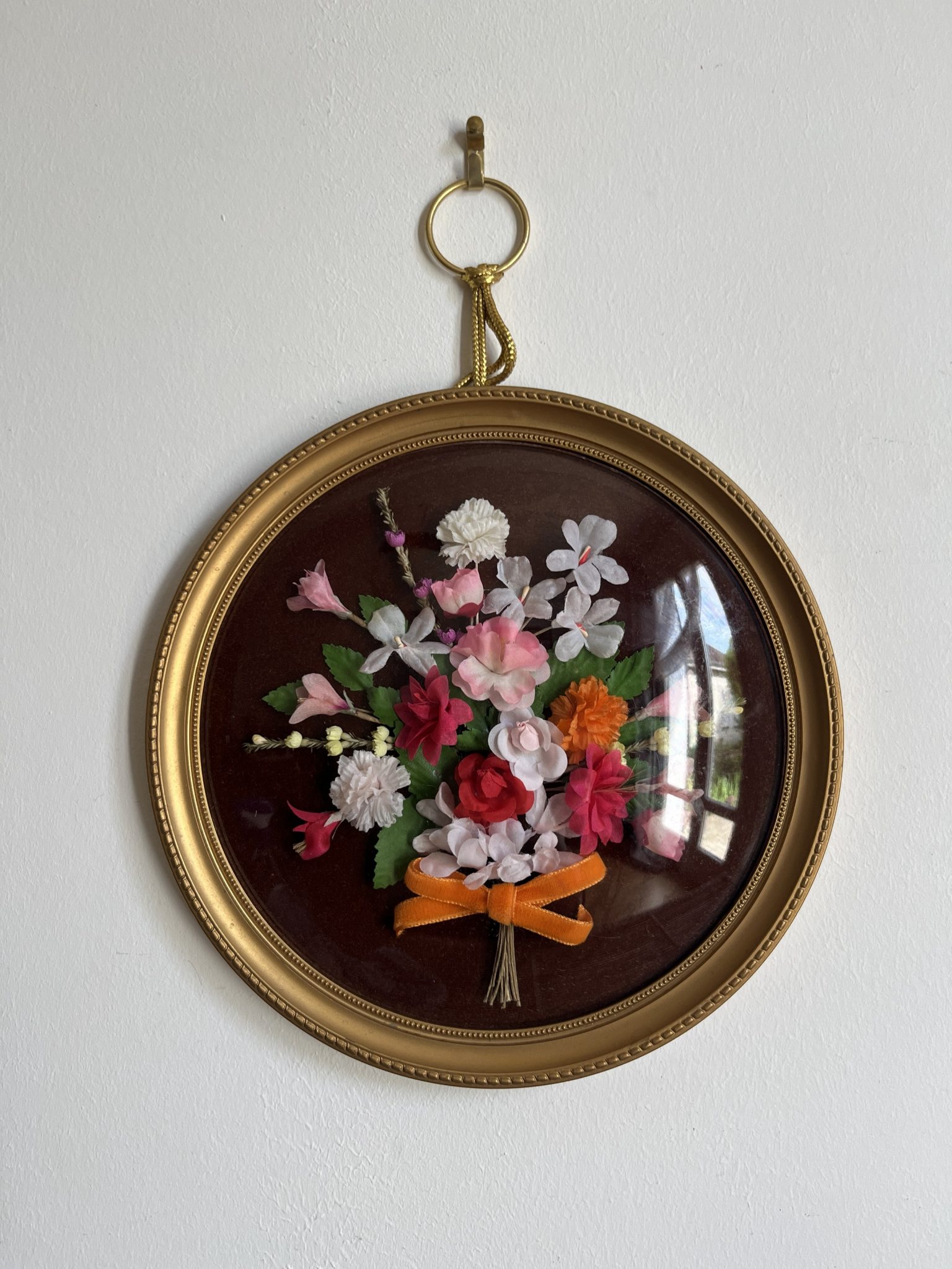 Lot De 2 Cadres Anciens - Verre Bombé - Motif Fleurs - Style Années 1970 - Très Bon état