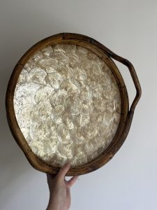 Plateau Vintage Bambou Et Nacre, Années 70, Doré, Sans Marque, Bon état